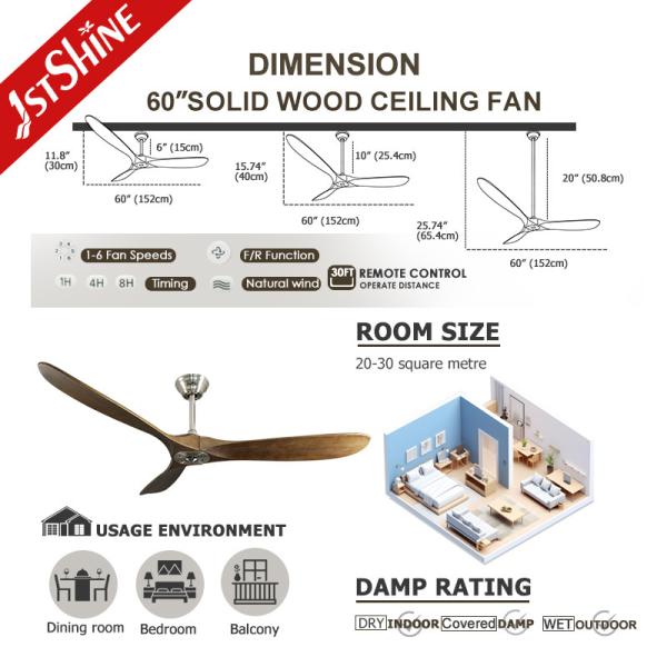 1stshine Ventilador de teto de metal de 60 polegadas com motor DC de 35W e hélice de madeira de poupança de energia