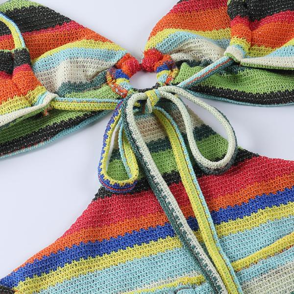 European and American sexy colorful striped hollow halter beach holiday suspender dress