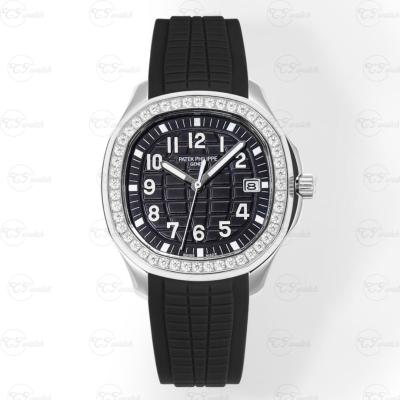 Patek Philippe Aquanaut en acier inoxydable, lunette diamants, cadran noir, bracelet en caoutchouc, montre automatique de luxe