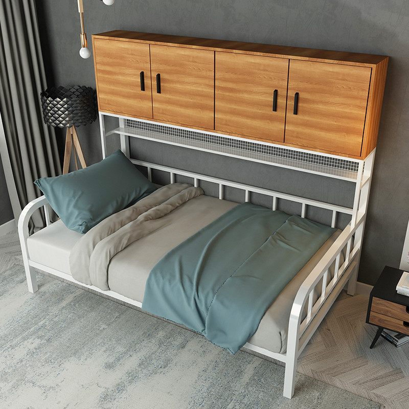 Kid's Single Dormitory Bed Loft Bunk Bed Sets with Wood Storage Boxes and Metal Frame