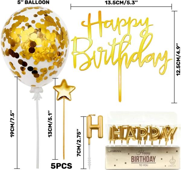 Birthday Paper Fans Banner Confetti Balloon Fireworks Golden Cupcake Topper For Gold Theme Party Decor Girl Boy Kid