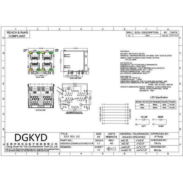 DGKYD59212288DB1A1DY1B022 штабелировало 2X2 гнездо сети мульти-порта RJ45 со светлой прокладкой защищая communicationce данных