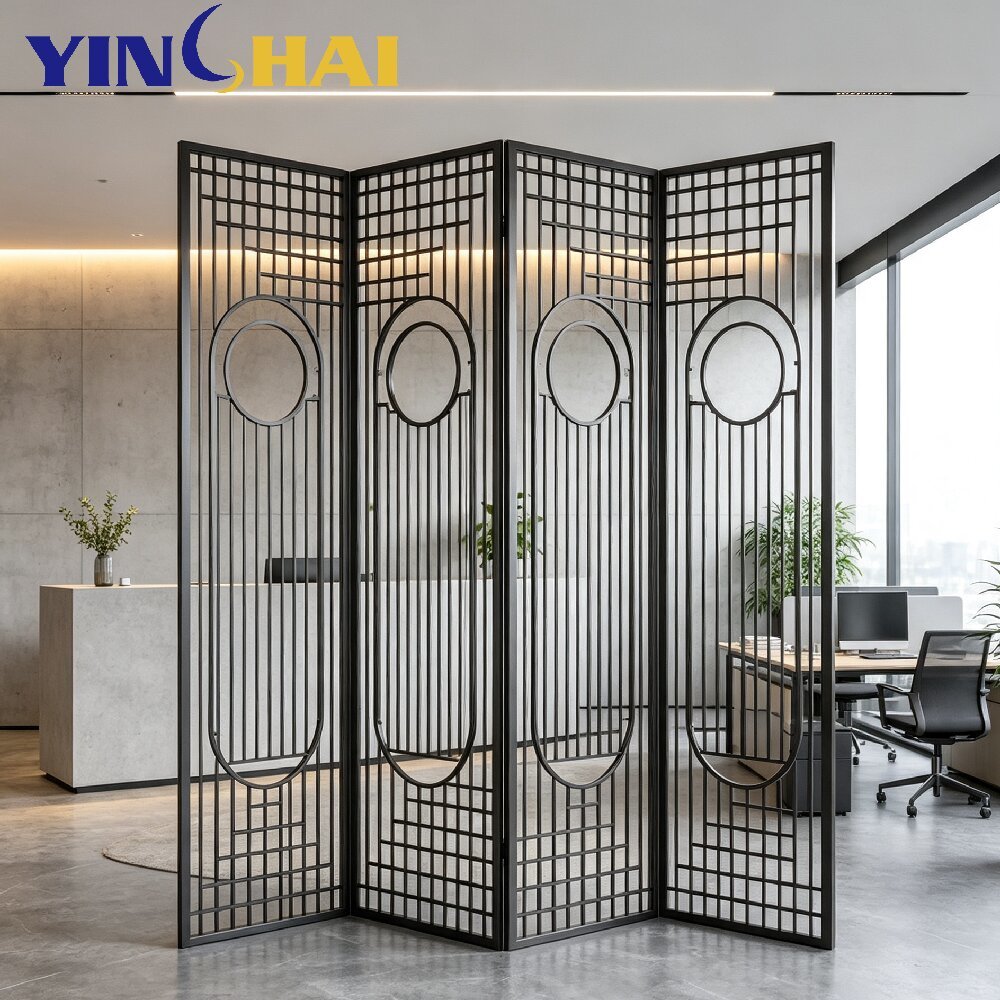Stainless Steel Folding Screen Room Divider Modern Geometric Metal Partition