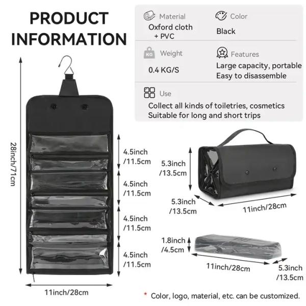 Elegant Pvc Hanging Wash Bag 28*13.5*13.5cm For Mens Toiletry