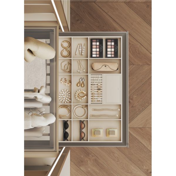 JB Series Jewelry Organizer Tray, PVC Wrapped MDF Drawer Insert with 16 Compartments for Earrings & Accessories, Slim Design Fits Wardrobe Cabinet