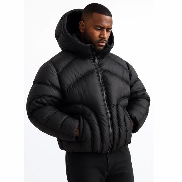 OEM Windproof Bubble Padded Puffer Men's Jacket Custom Removable Hood Printed Thick High Quality Winter Coat Jacket for Men