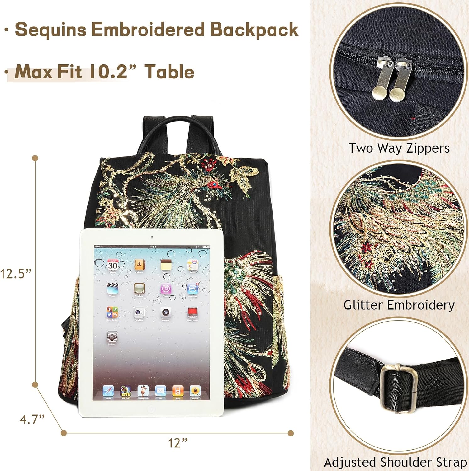Glitter Embroidery Women Backpack Purse, Fashion Canvas Travel Anti-theft Rucksack Shoulder Bag (Black)