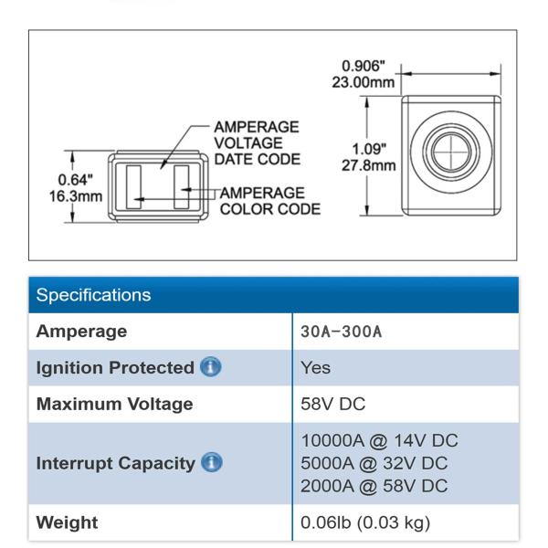 Ignition Protected Marine Rated Battery Terminal Fuse 58VDC Maximum IP66 Waterproof 30A-300A Loads