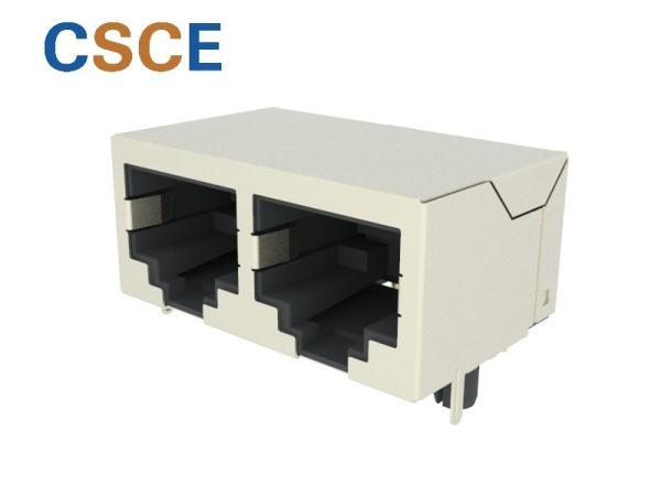 2 Ports RJ45 PCB Mount Connector , Stacked RJ45 Keystone Jack Insert Material UL94V-0