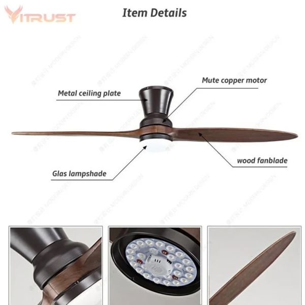 Dimmable ceiling fan with LED Light 60 inch Indoor wood Two-Blade Ceiling Fan light(WH-VLL-40)