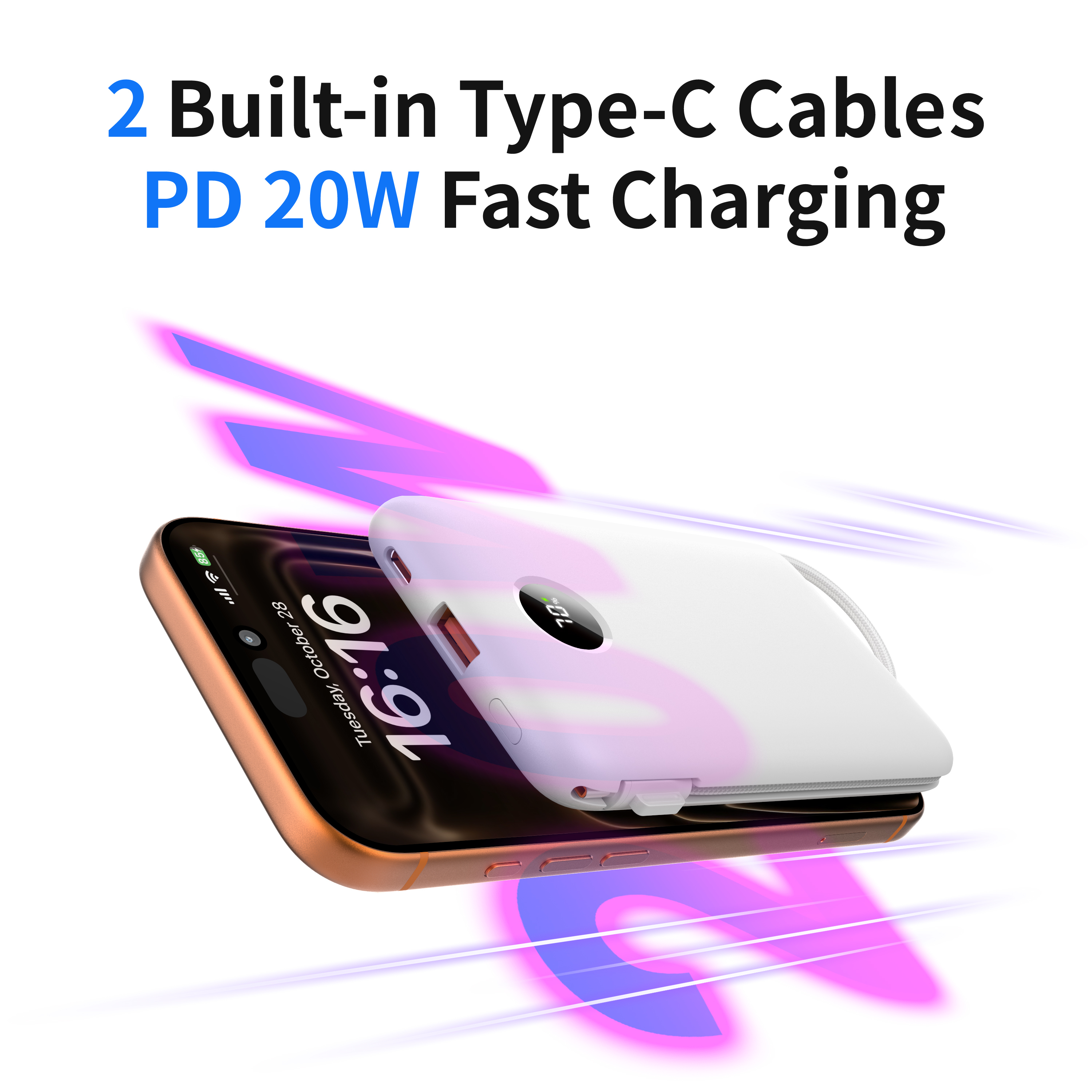 10000mAh Slim Portable Power Bank, Powerbank with 2 Built‑in Type‑C Cables PD 20W Fast Charging, USB‑A & USB‑C Port, Digital LCD Display Portable External Battery Pack
