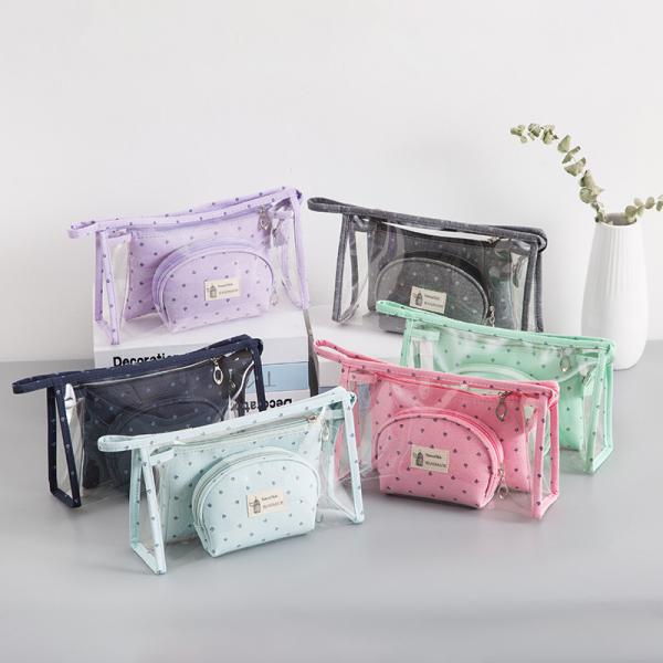 3Pcs Ladies Transparent Toiletry Bags Polyester 300D Clear Cosmetic Bags For Travel
