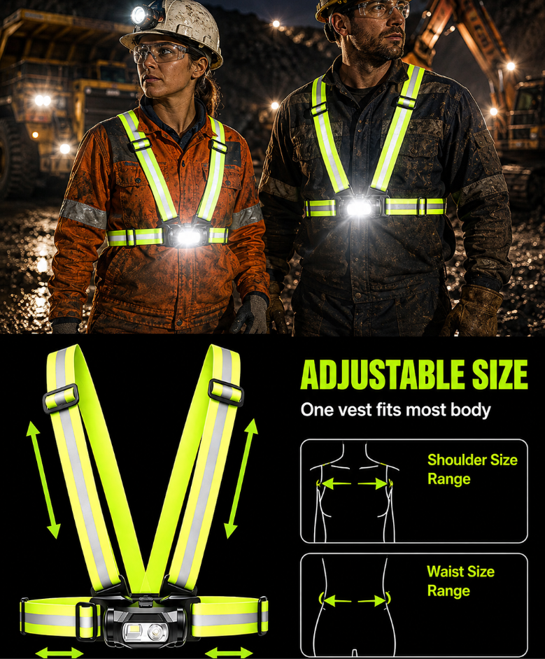 IPX4 Waterproof Chest-Mount Work Light with Dual-Light Source and Reflective Strap for Hands-Free Night Work