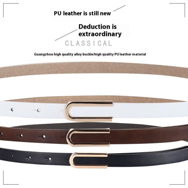 Korean-Style Leather Belts U-Shaped Gold Buckle Belts Thin Adjustable Women Belts