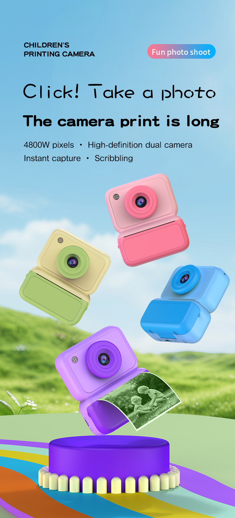 DLC Kids Instant Print Camera 4800W Dual Camera 1080P Video One Click Photo Printing Anti Glare Screen CMOS MP3 Filter