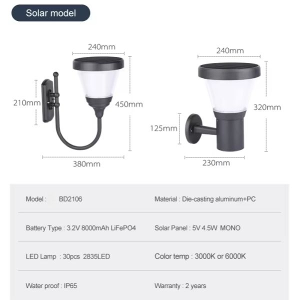 LED Solar Wall Light With High Efficiency Solar Panel 12H Working Time for Villa Garden Lighting
