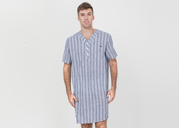 Stripeed Design Mens Short Sleeve Nightshirts Button Placket Embroidery Curved Hem