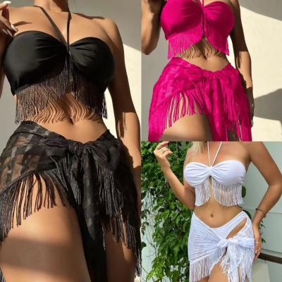 Fringe Sling 3 Piece Swimwear Set Perspective Mesh Three Piece Swim Set Bikini Ladies Swimsuit
