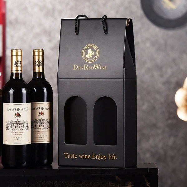 Paper Wine Gift Box With Rope Handles And Window For Bottle Packaging