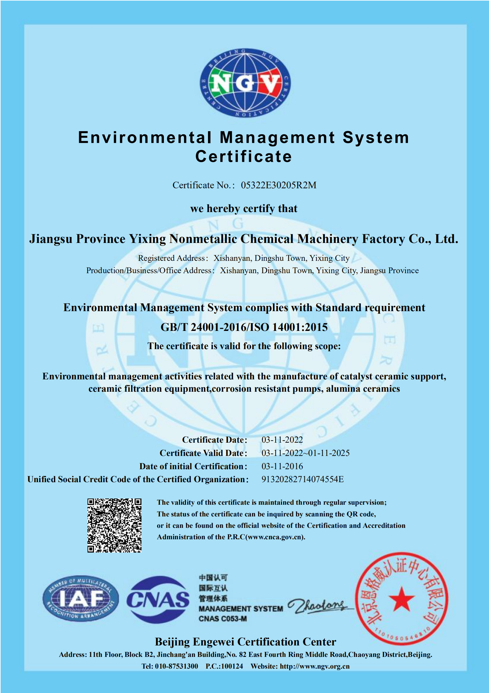 Jiangsu Province Yixing Nonmetallic Chemical Machinery Factory Co., Ltd Сертификации