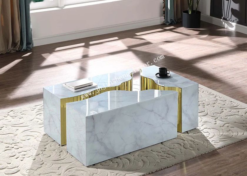 White Marble Glass Coffee Table with Gold Mirror and 119.4X70X44.5CM Dimensions for Living Room