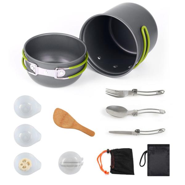 Outdoor Portable Aluminum Camping Pot Cookware Set Tableware Set with Grey Green Handle