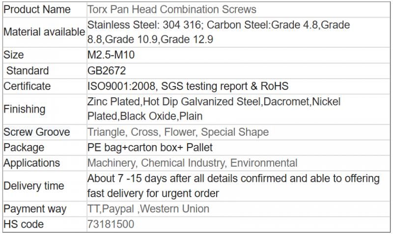 Torx Pan Head Combination Screws