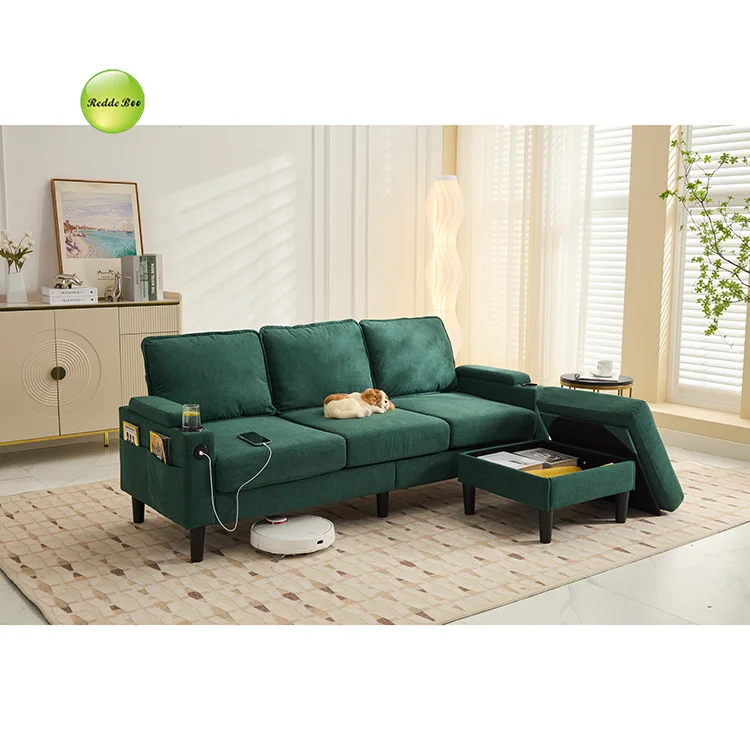 Comfortable L-Shaped Sofa: USB Ports, Cup Holder, Storage Boost Living Room Convenience