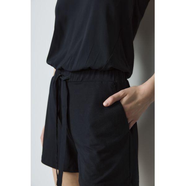 Custom Black V Neck Short Romper Sleeveless Tie Waist Pants And Dress