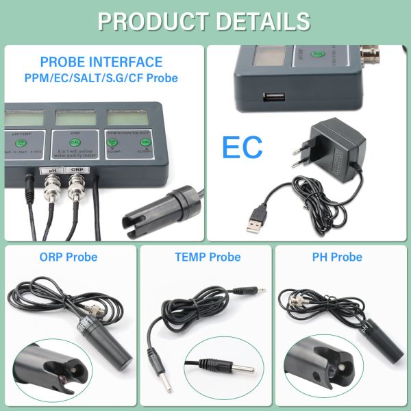 Smart Tuya WiFi 8 in 1 Digital PH Meter with Data Logger Function and DC6V Power Supply for Hydroponic and Landscaping Applications
