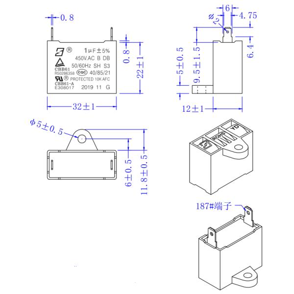 CBB61 450V 1.0UF Фильмовый конденсатор Запустить конденсатор Два терминала быстрого подключения S3