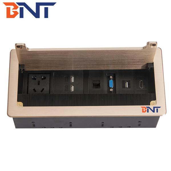 Conference table flip open brush socket with power data connectors
