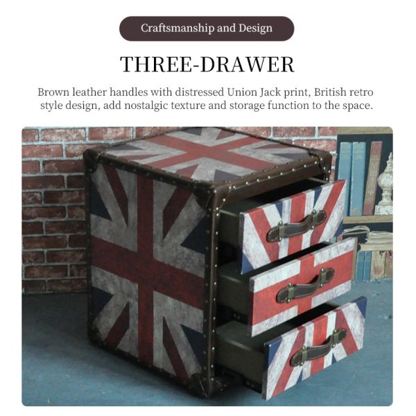 Nidea #8524 Vintage Leather Living Room Cabinet American Country-Style Retro Checkerboard Design Handmade Durable 3 Drawers Model