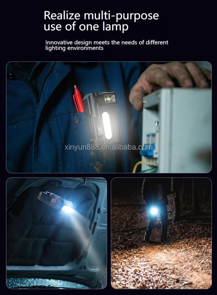 Cross-border Flashlight Work Lamp New Magnetic Work Lamp USB Charging Digital Display Multi-angle Rotatable Red and Blue Alarm