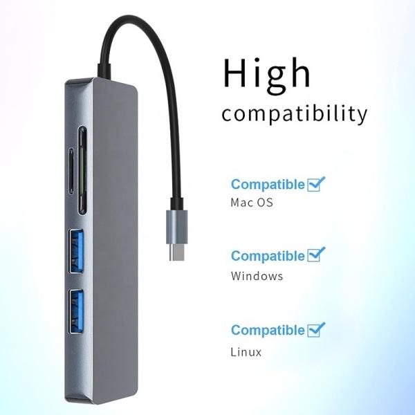 Grain 5 en 1 Hub USB-C Type-C vers HDMI USB3.0 USB2.0 SD TF Adapter Hub avec lecteur de carte