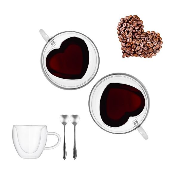Clear Heart Shape Double Insulated Glass Mugs High Borosilicate Glass Coffee Mug