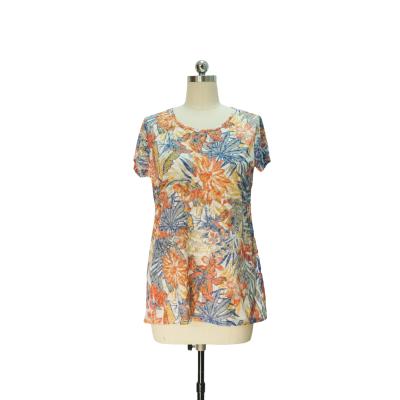 Women's Tropical Floral Print Short Sleeve Burnout Tunic Top - Casual Blouse