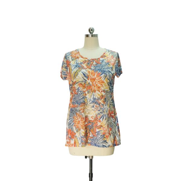 Women's Tropical Floral Print Short Sleeve Burnout Tunic Top - Casual Blouse with Crew Neck