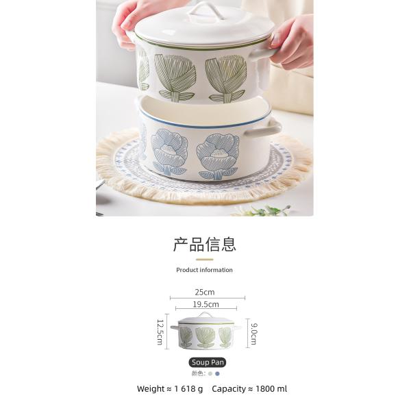 Sustainable Floral Green Ceramic Pan Soup Bowl Set with Glass Cover and Pot Cover Type
