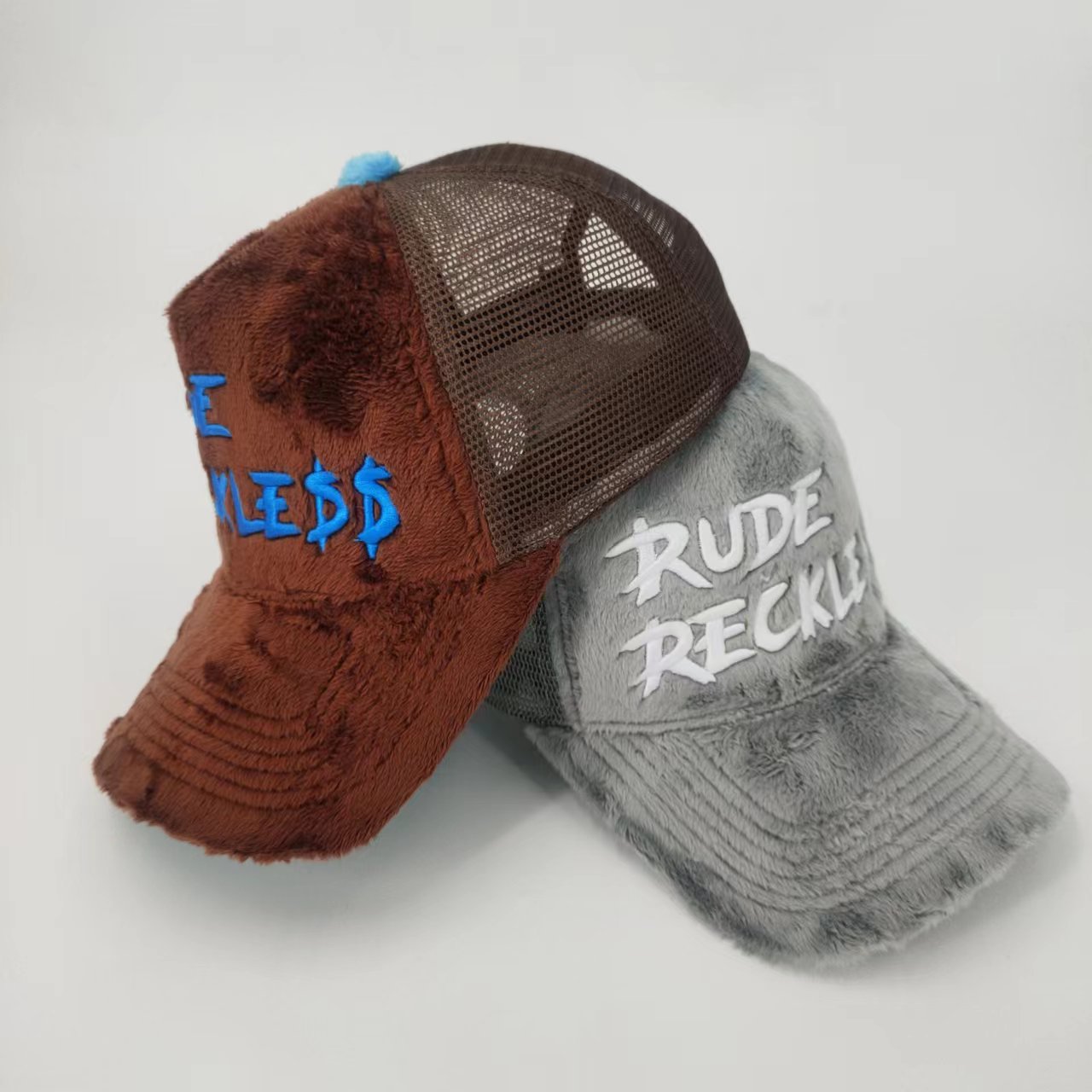 Fluffy Velvet Suede Leather Custom 3D Embroidery Trucker Hats Fur Fitted UV Mix Color