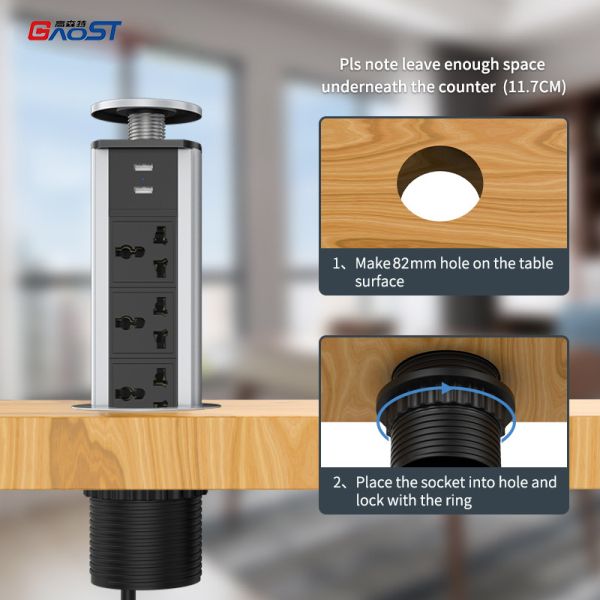 82mm Conceal Retractable Pop Up Power Socket Universal Outlet For Kitchen Workspace Top