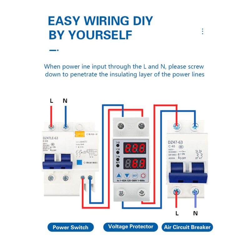 40A Din Rail Single Phase Over Under Voltage Protector Automatic Reconnect Device with On-Off Function Voltage Display SVC Use