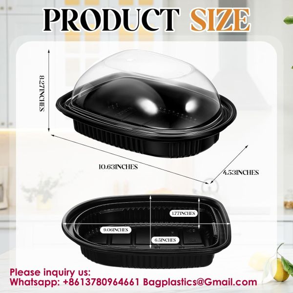 Large Rotisserie Chicken Roaster Container With Lids Black Plastic Chicken Food Storage Container Carrier Without Handle Rectangular Take Out Reusable Storage High Dome Clear Lid