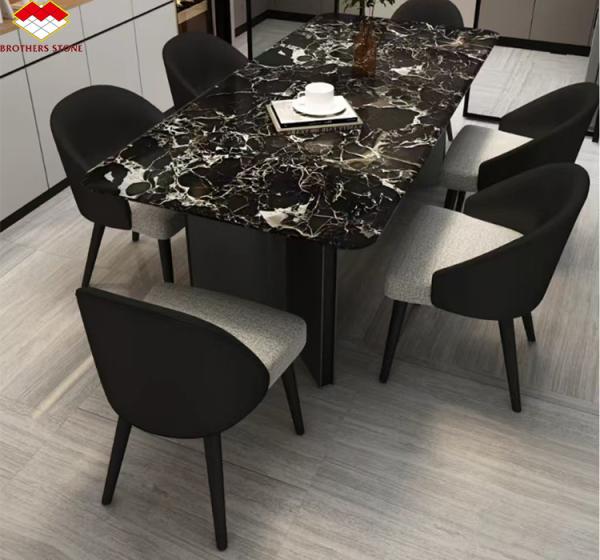Modern Polished Black Rose Marble Big Slab Dining Table Set for Villa and Hotel Design