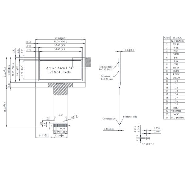 24 Pins Monochrome White PMOLED Display 1.54 Inch 128x64 Dots