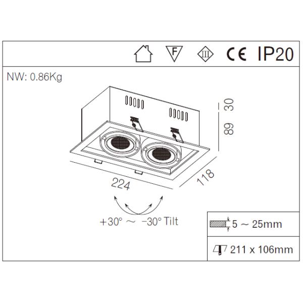 Energy Saving Light 20w double heads CITIZEN COB Recessed LED Down 1400lm Square Box LED Spot Ceiling Lamp