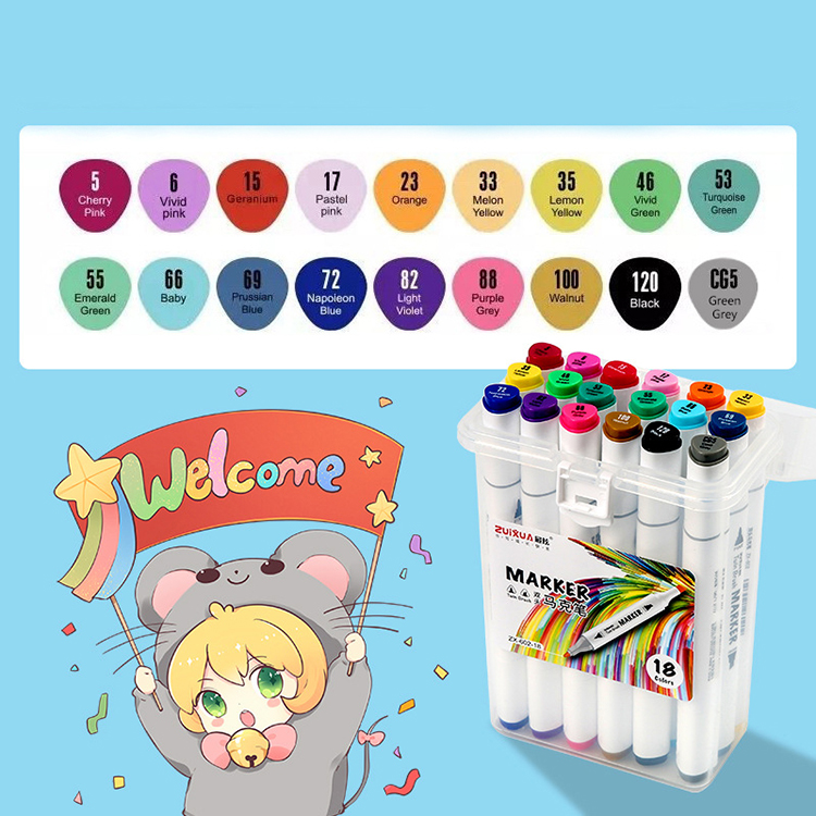 18 Colors Double-headed Circular Penholder Permanent Red Dual Tip Highlighter Marker Pen
