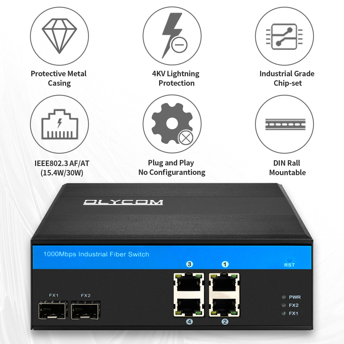 Промышленный 4-портовый гигабитный PoE-коммутатор 120 Вт Active PoE, неуправляемый, для DIN-рейки, OEM