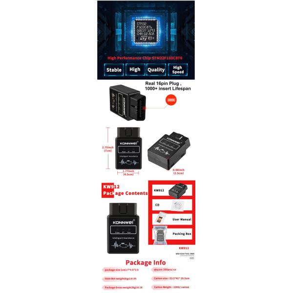 Блок развертки OBD2 OBD2 EOBD KONNWEI KW912 12V ELM327 беспроводной