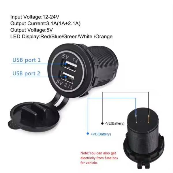 Chargeur de voiture double USB-A ABS avec anneau LED
